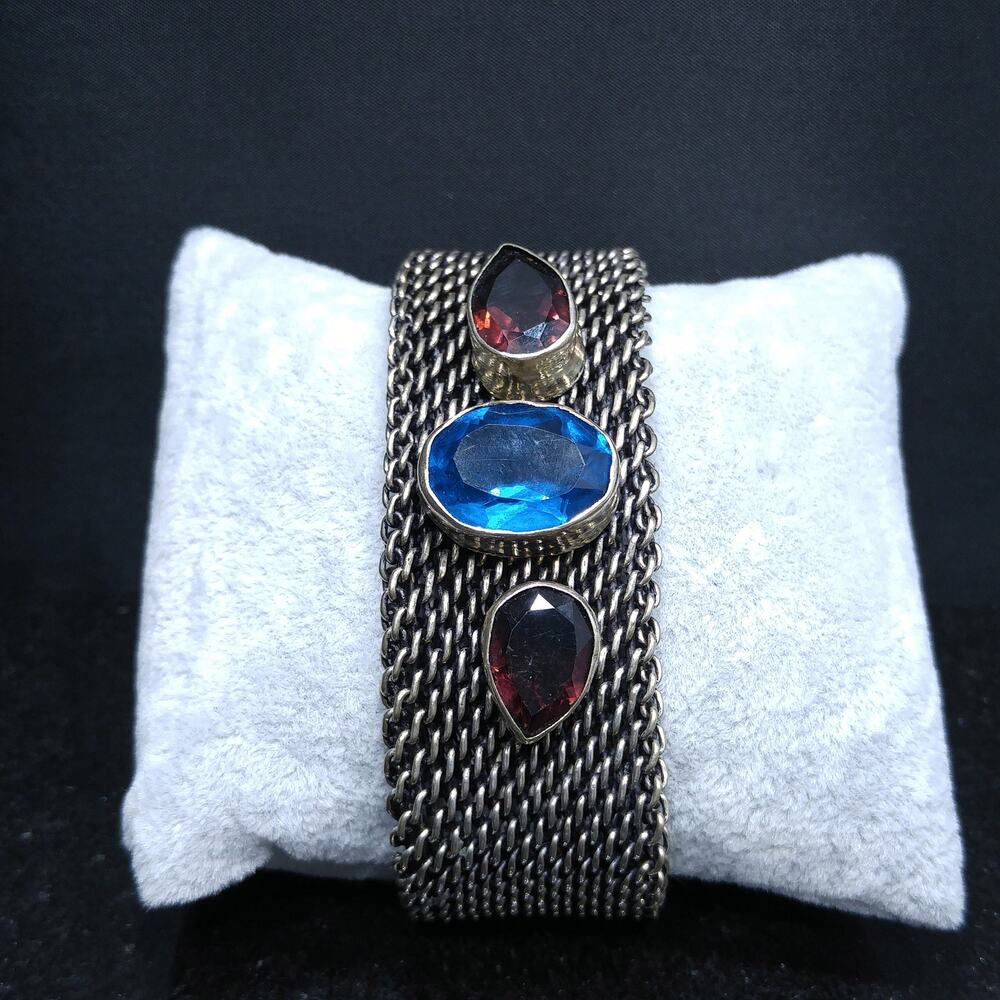Vintage Mesh Bracelet Blue Purple Glass Stones Wide Boho 8.25in